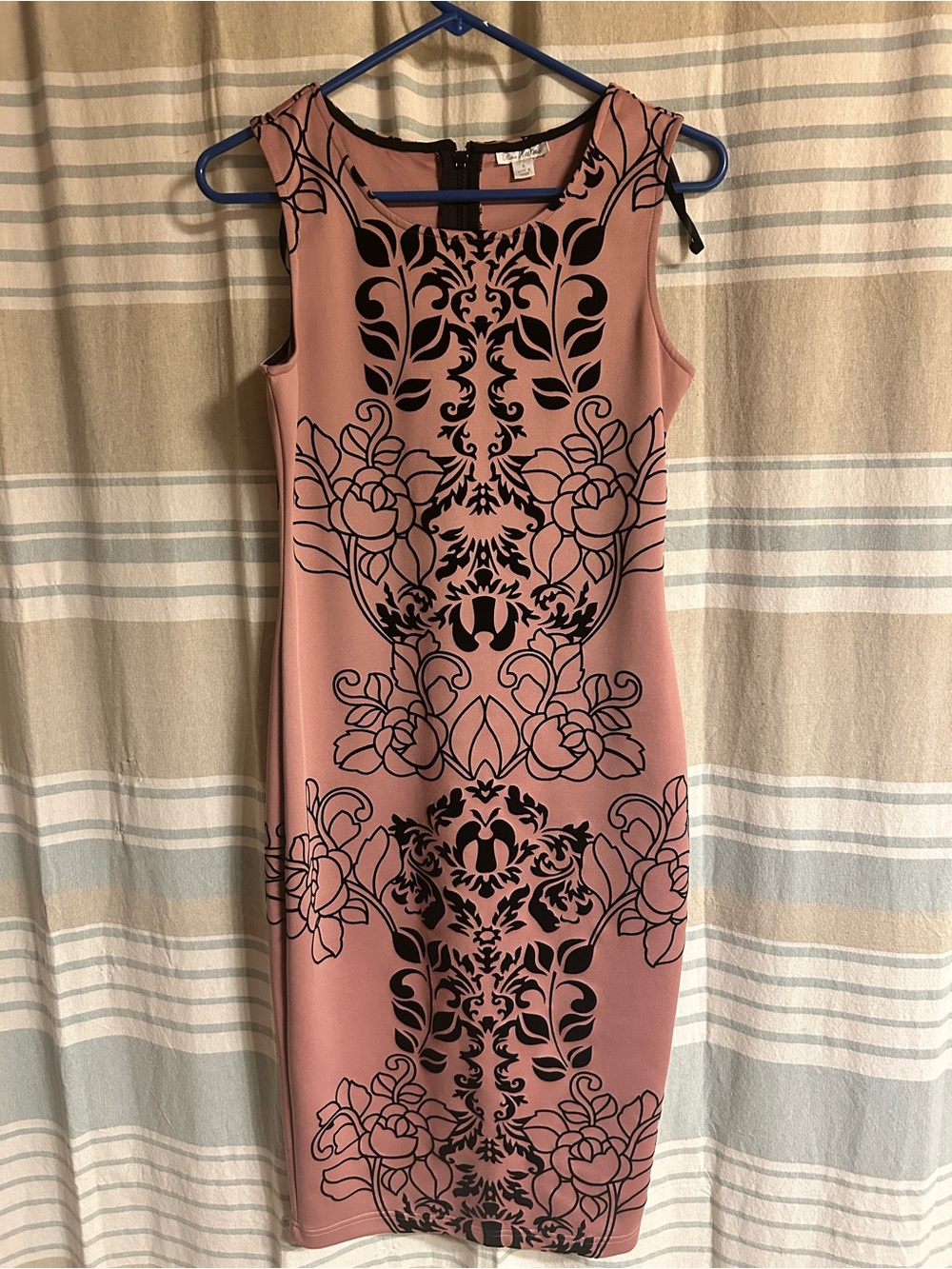 EUC Olivia Matthews Dusty Rose Midi Dress with Black Floral Pattern